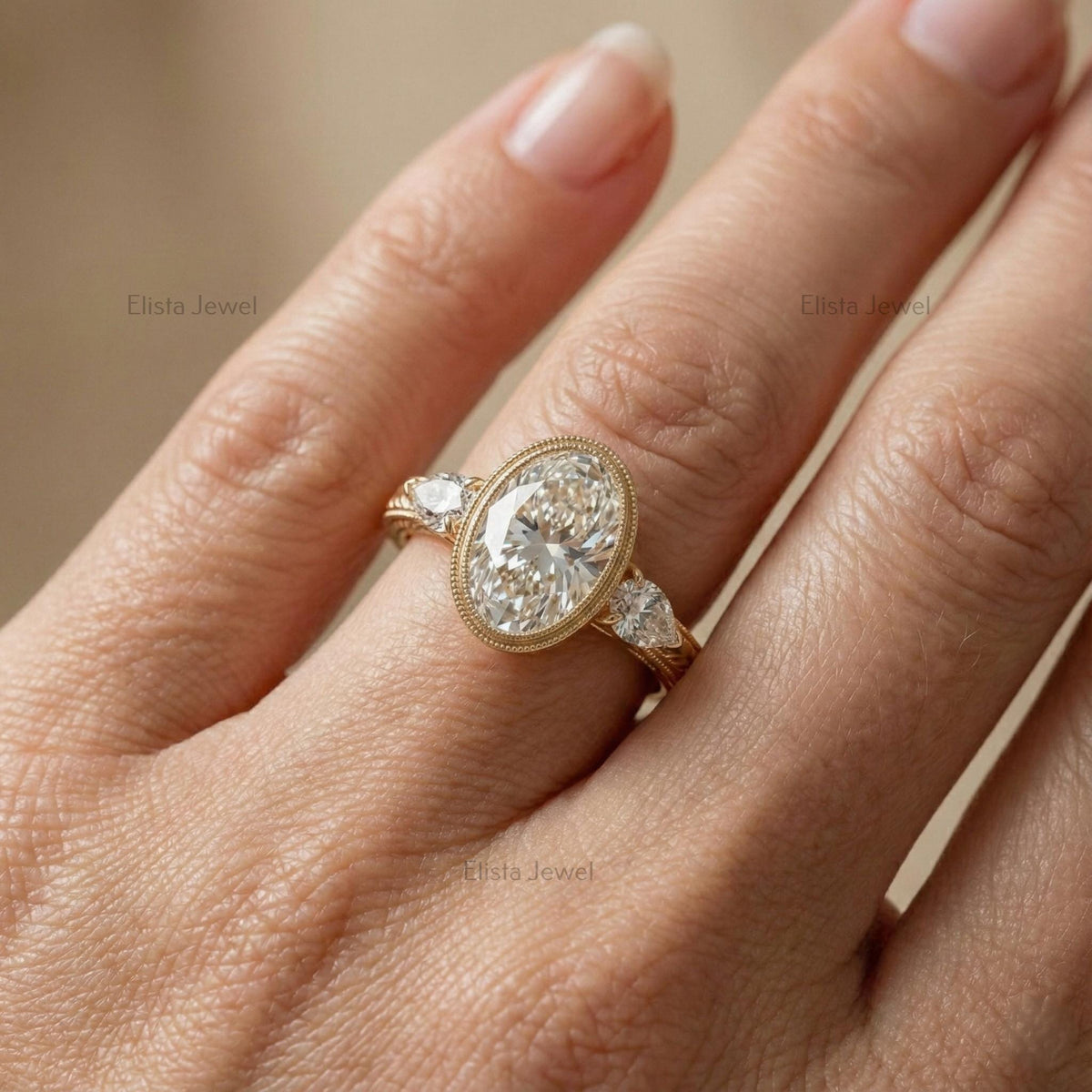 Oval Diamond Ring Lab-Grown Three-Stone Engagement 14K Yellow Gold Bezel With Pear Accents