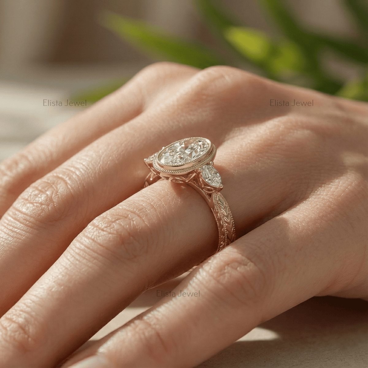 Oval Diamond Ring Lab-Grown Three-Stone Engagement 14K Yellow Gold Bezel With Pear Accents