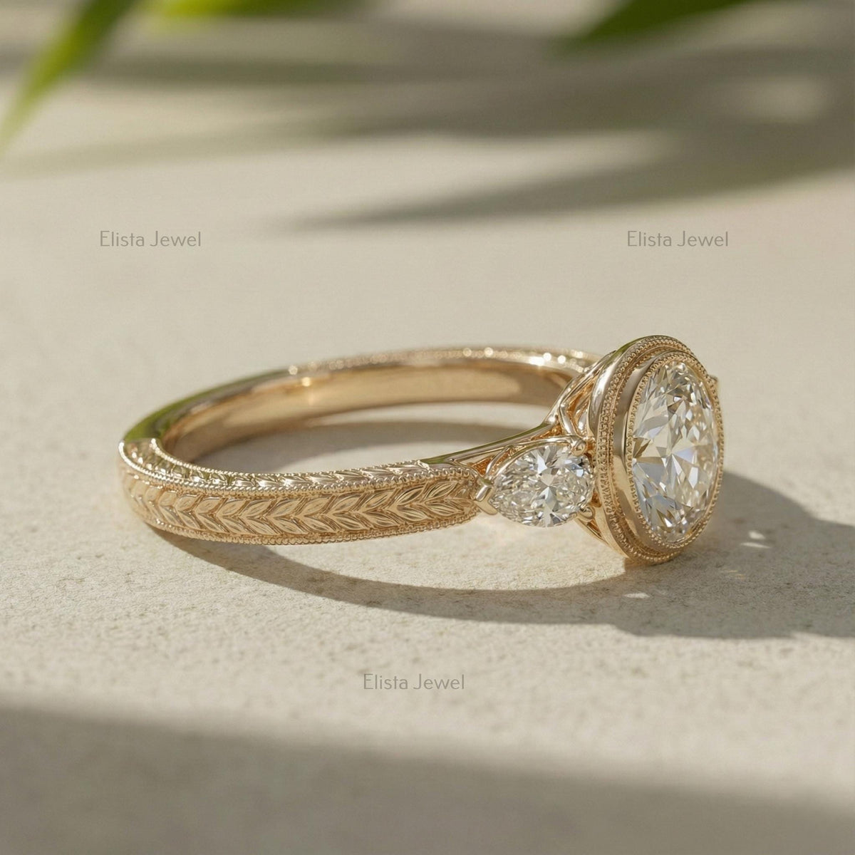 Oval Diamond Ring Lab-Grown Three-Stone Engagement 14K Yellow Gold Bezel With Pear Accents