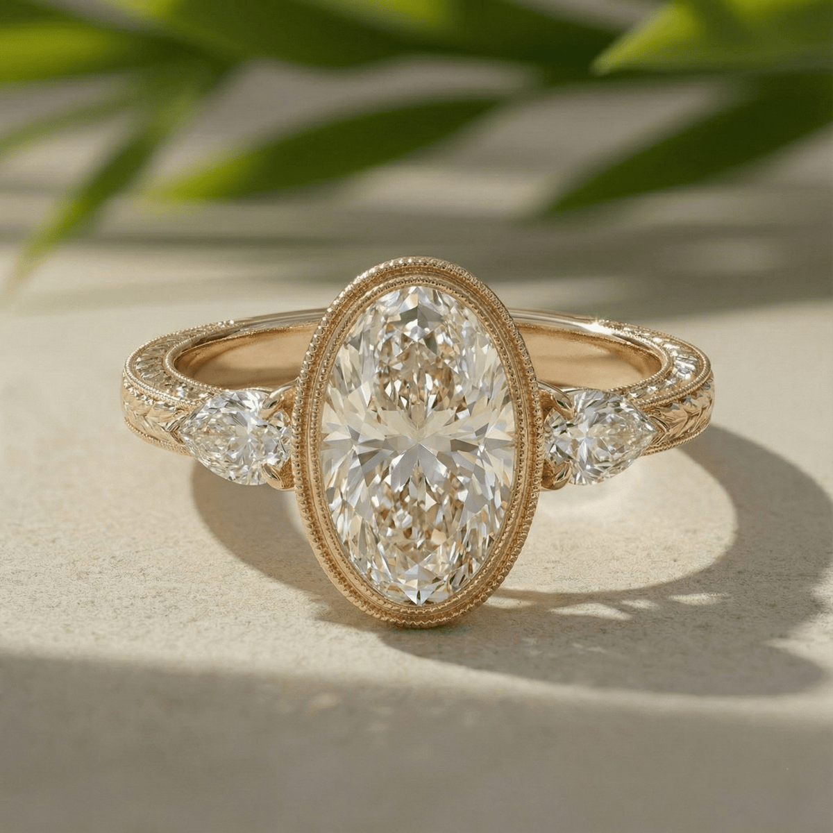 Oval Diamond Ring Lab-Grown Three-Stone Engagement 14K Yellow Gold Bezel With Pear Accents