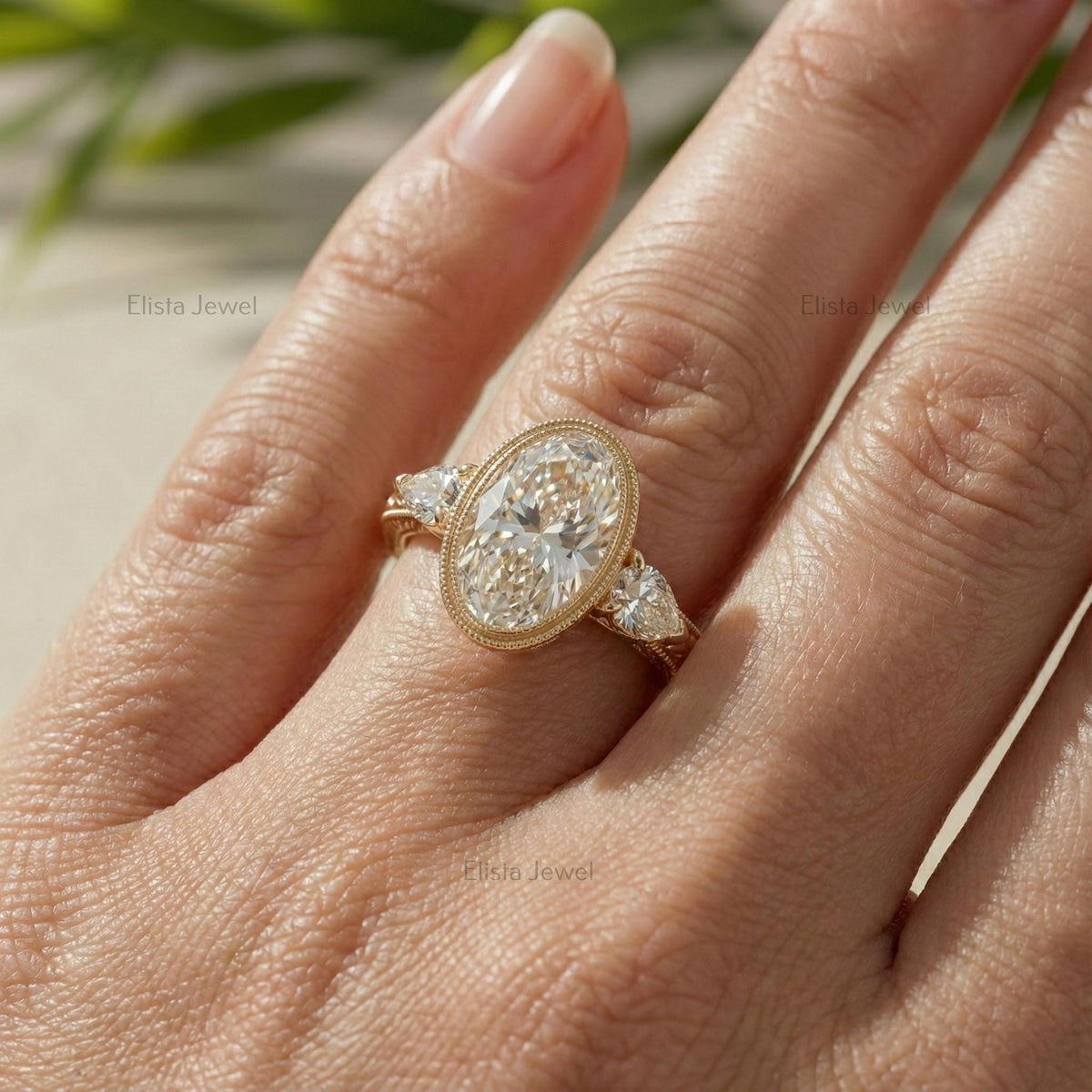 Oval Diamond Ring Lab-Grown Three-Stone Engagement 14K Yellow Gold Bezel With Pear Accents