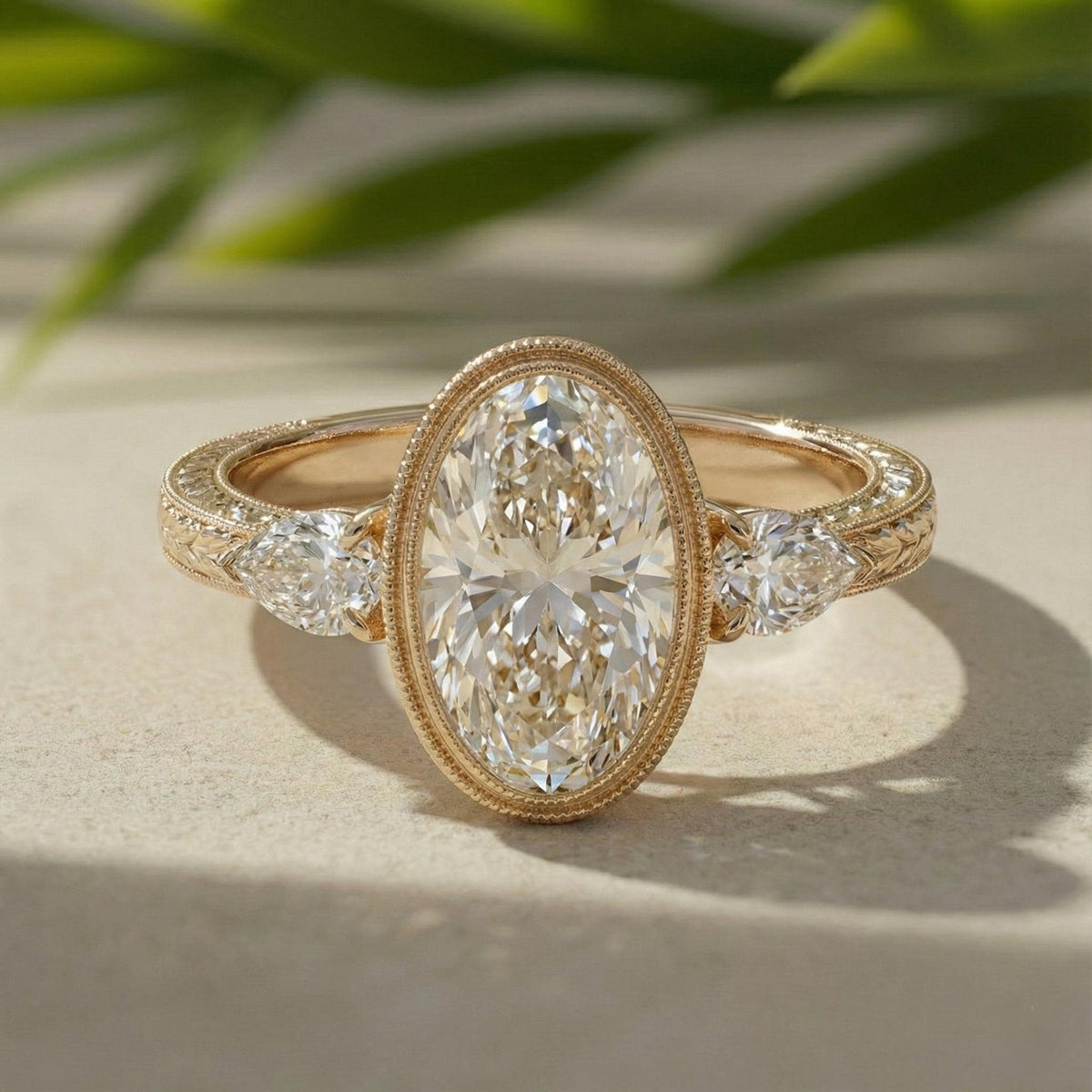 Oval Diamond Ring Lab-Grown Three-Stone Engagement 14K Yellow Gold Bezel With Pear Accents