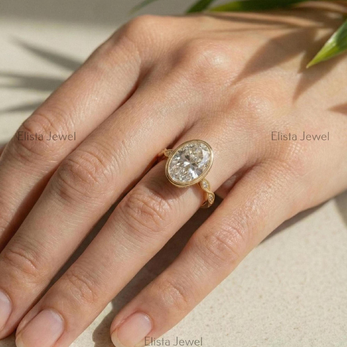 Oval Lab-Grown Diamond Halo Engagement Ring, 18K Yellow Gold Milgrain Band