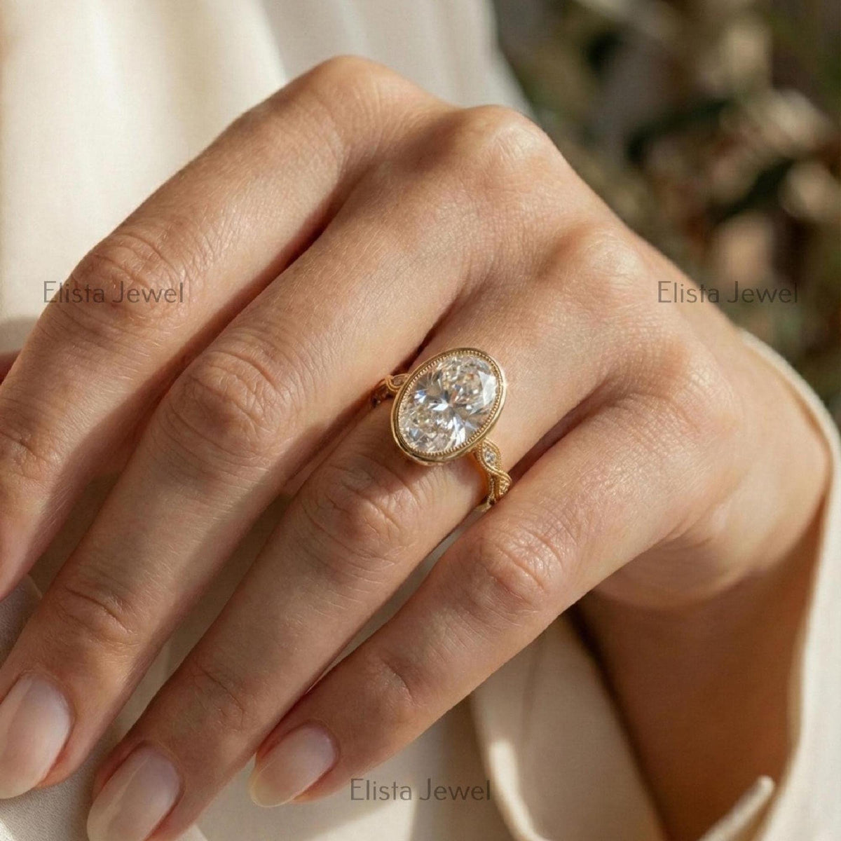 Oval Lab-Grown Diamond Halo Engagement Ring, 18K Yellow Gold Milgrain Band