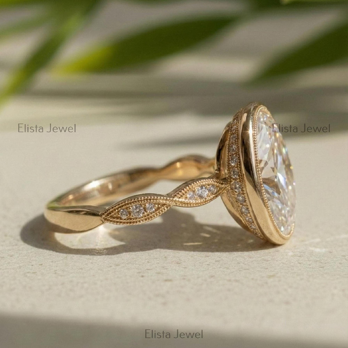 Oval Lab-Grown Diamond Halo Engagement Ring, 18K Yellow Gold Milgrain Band