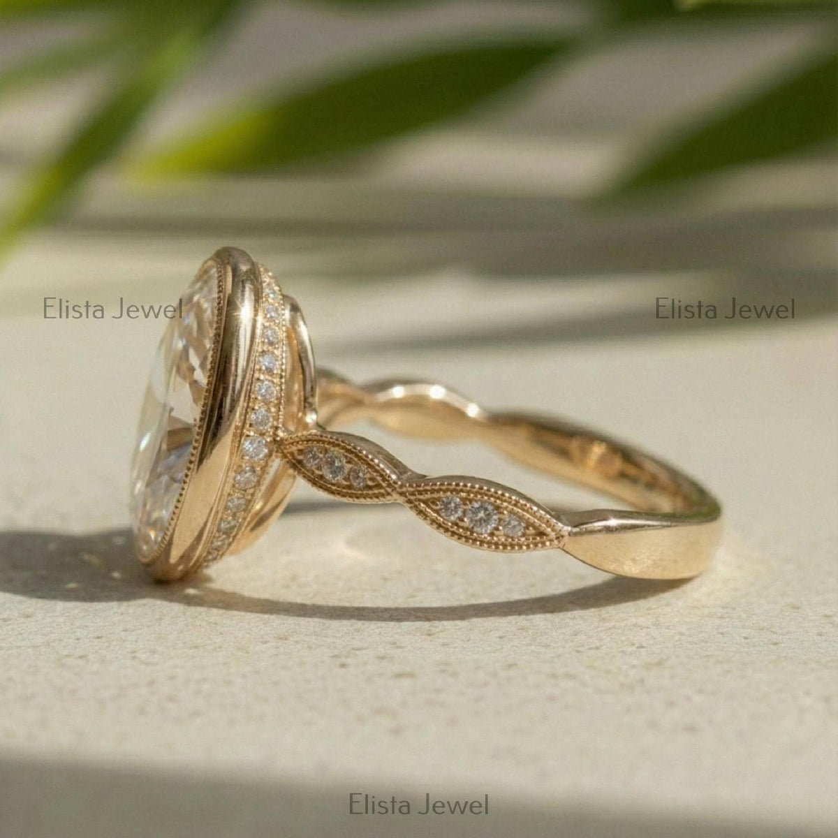 Oval Lab-Grown Diamond Halo Engagement Ring, 18K Yellow Gold Milgrain Band