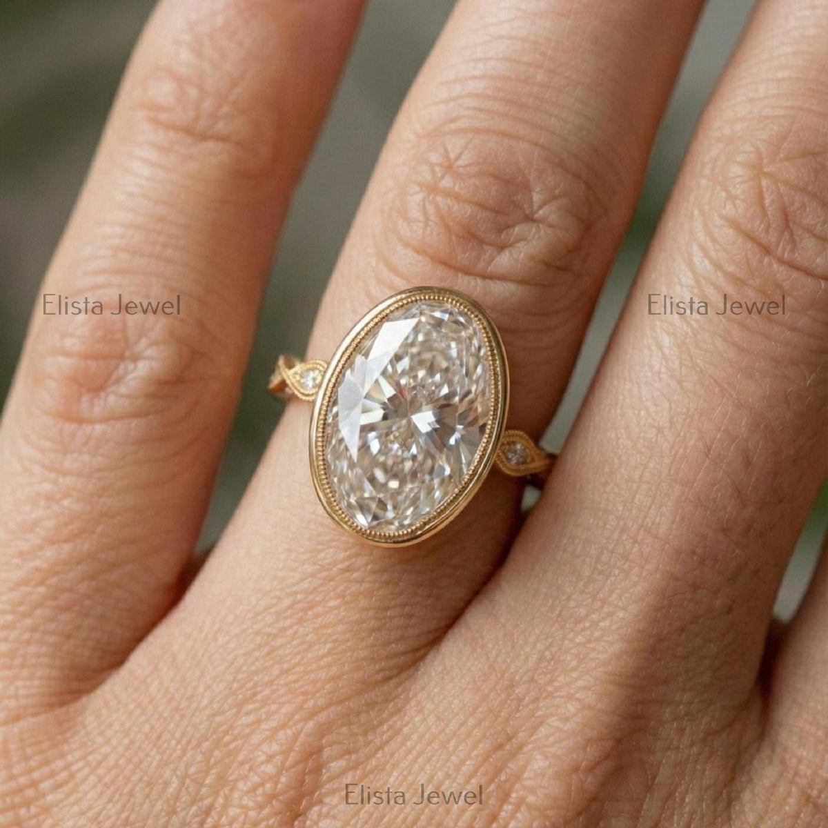 Oval Lab-Grown Diamond Halo Engagement Ring, 18K Yellow Gold Milgrain Band