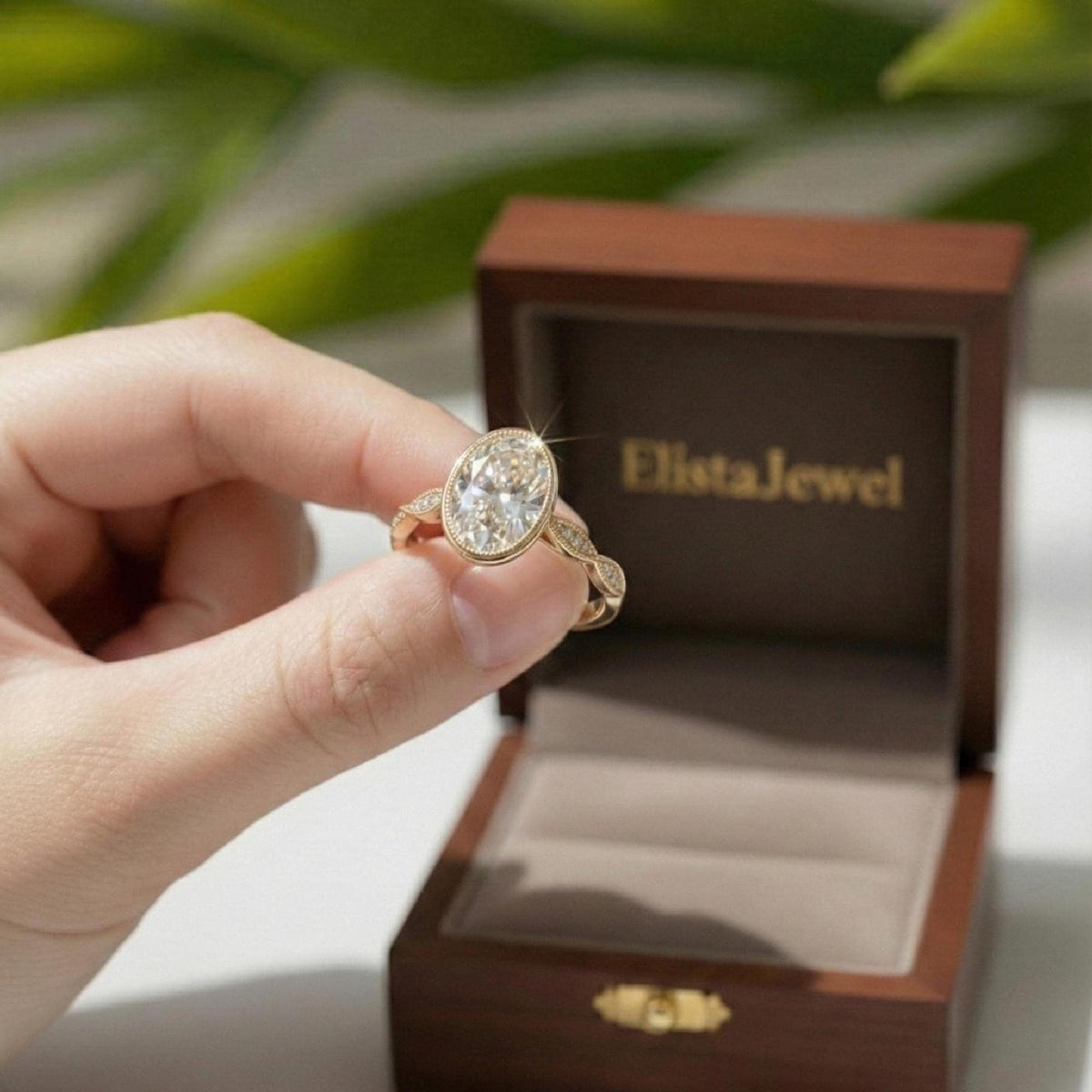 Oval Lab-Grown Diamond Halo Engagement Ring, 18K Yellow Gold Milgrain Band