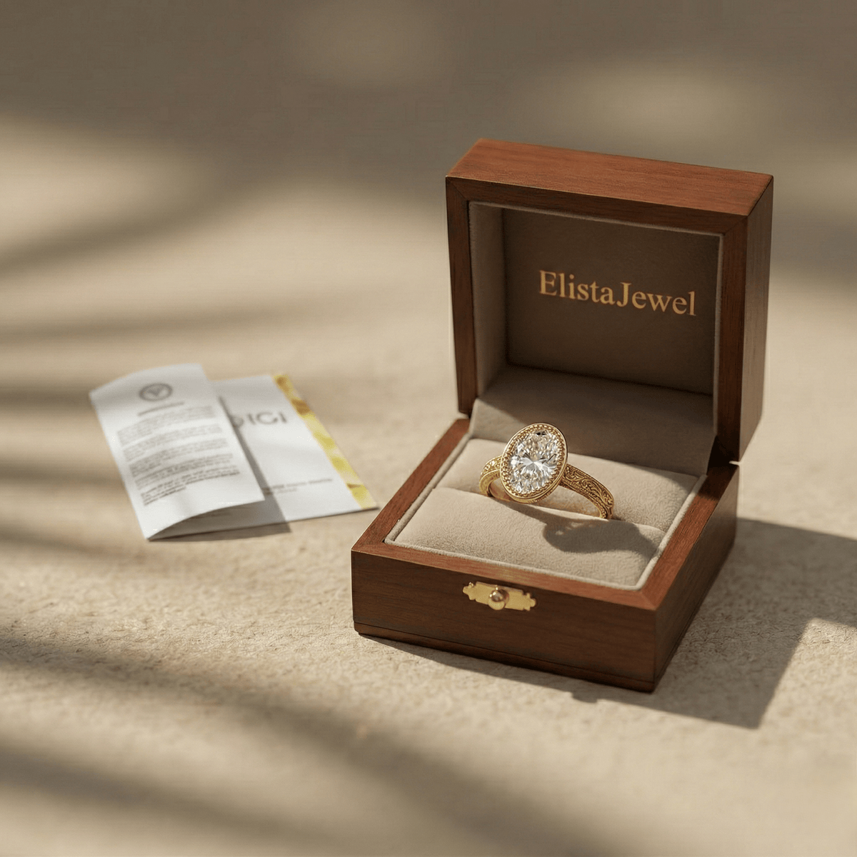 Oval Lab-Grown Diamond Engagement Ring, 14K Yellow Gold, Engraved Floral Band