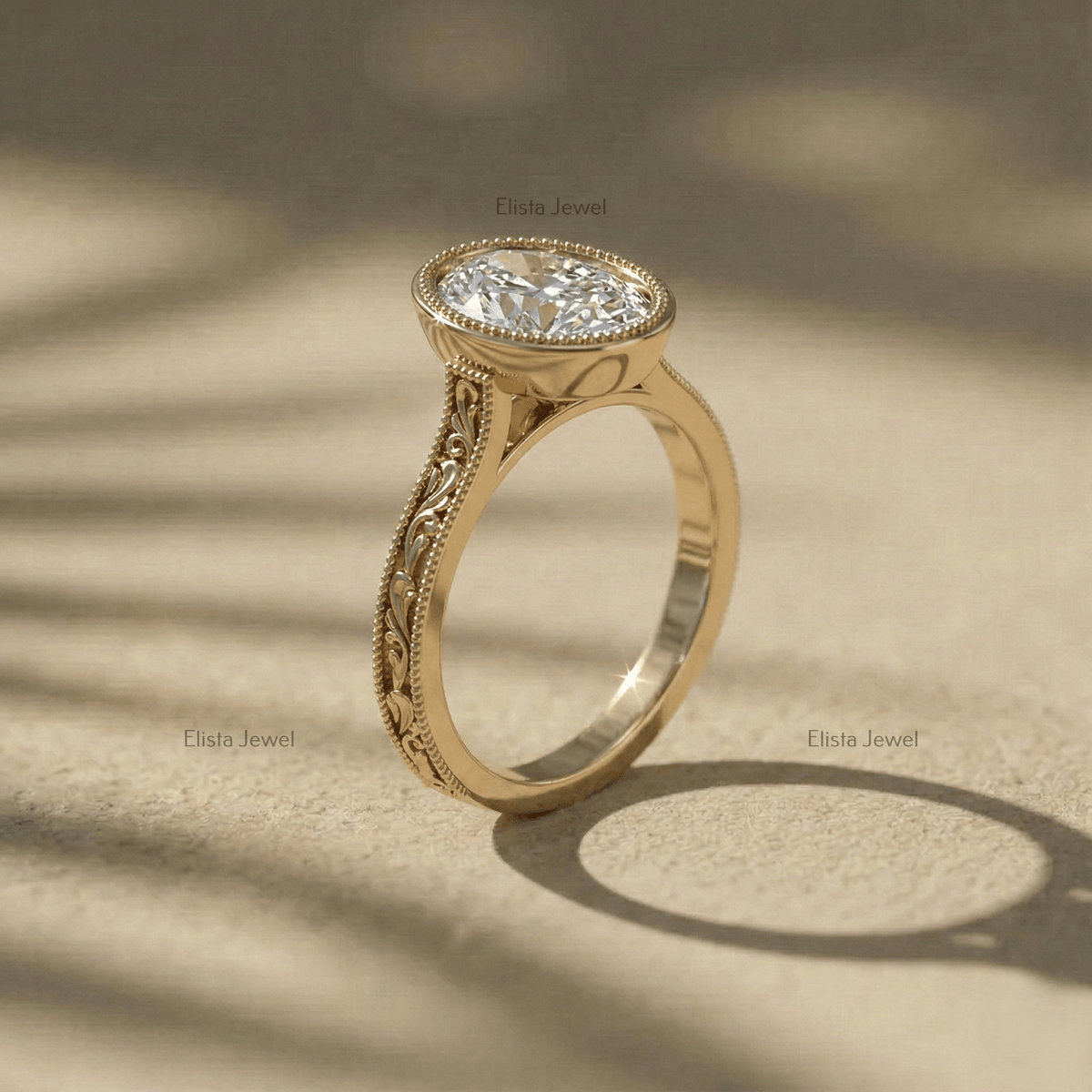 Oval Lab-Grown Diamond Engagement Ring, 14K Yellow Gold, Engraved Floral Band