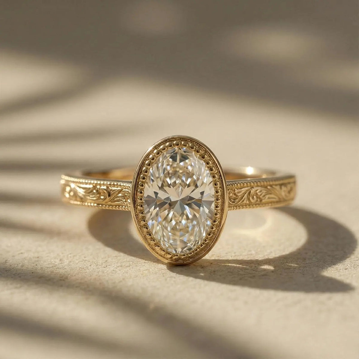 Oval Lab-Grown Diamond Engagement Ring, 14K Yellow Gold, Engraved Floral Band