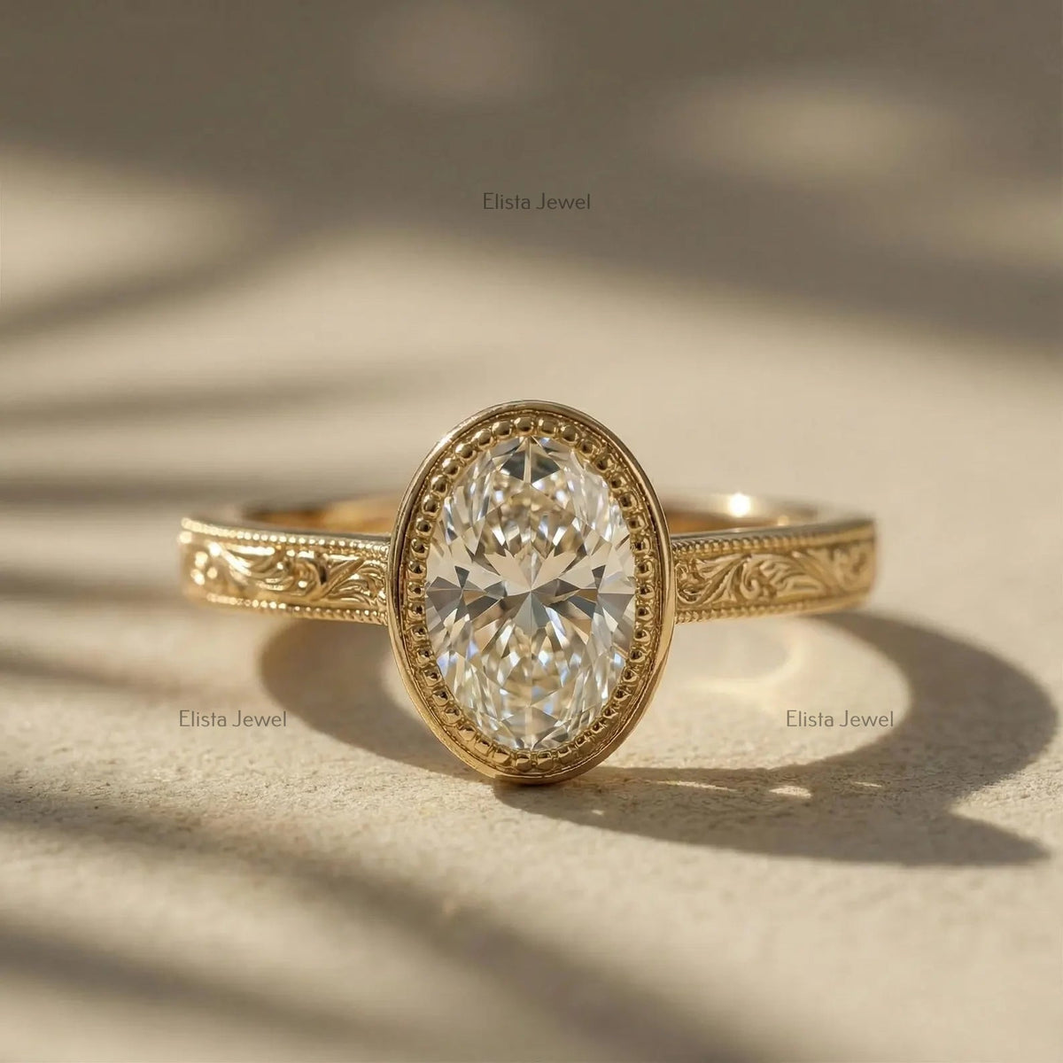 Oval Lab-Grown Diamond Engagement Ring, 14K Yellow Gold, Engraved Floral Band