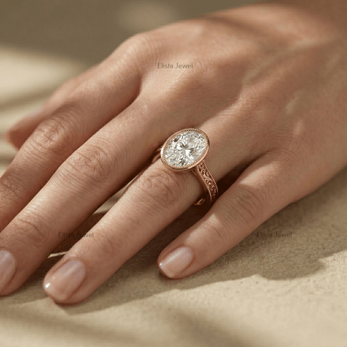Oval Lab-Grown Diamond Engagement Ring, 14K Yellow Gold, Engraved Floral Band