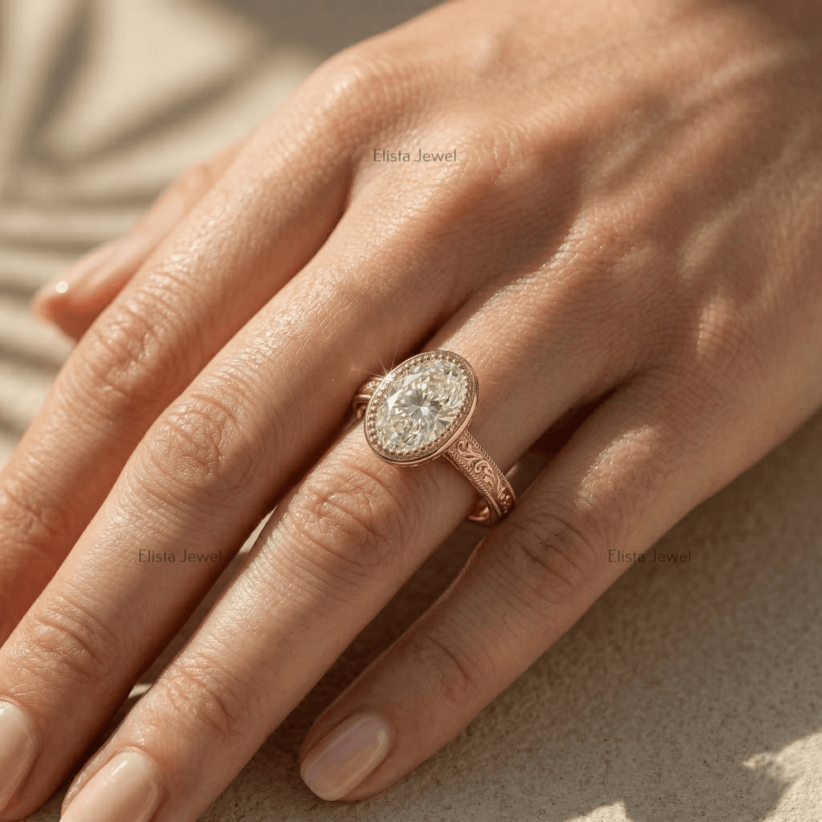 Oval Lab-Grown Diamond Engagement Ring, 14K Yellow Gold, Engraved Floral Band