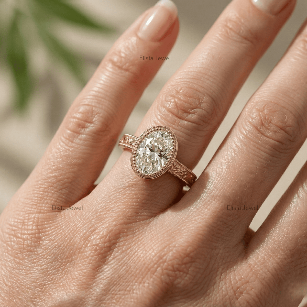 Oval Lab-Grown Diamond Engagement Ring, 14K Yellow Gold, Engraved Floral Band