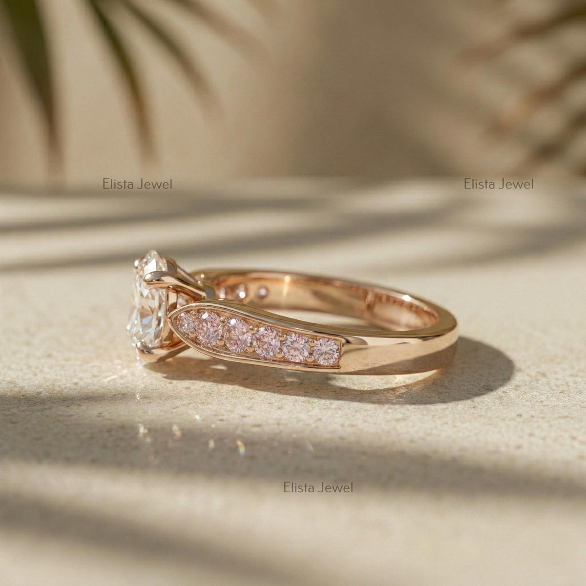 Oval Lab Grown Diamond Engagement Ring, Rose Gold, Pink Side Stones, IGI Certified