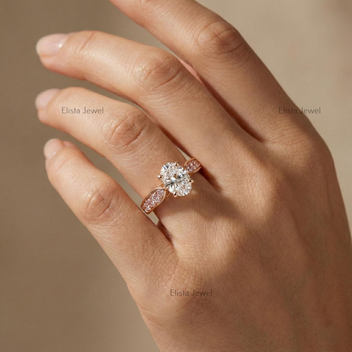 Oval Lab Grown Diamond Engagement Ring, Rose Gold, Pink Side Stones, IGI Certified