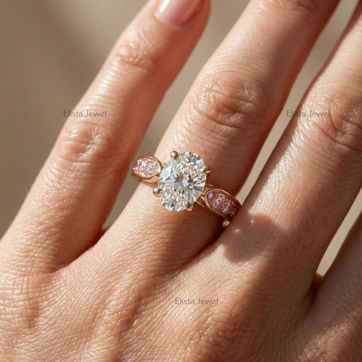 Oval Lab Grown Diamond Engagement Ring, Rose Gold, Pink Side Stones, IGI Certified