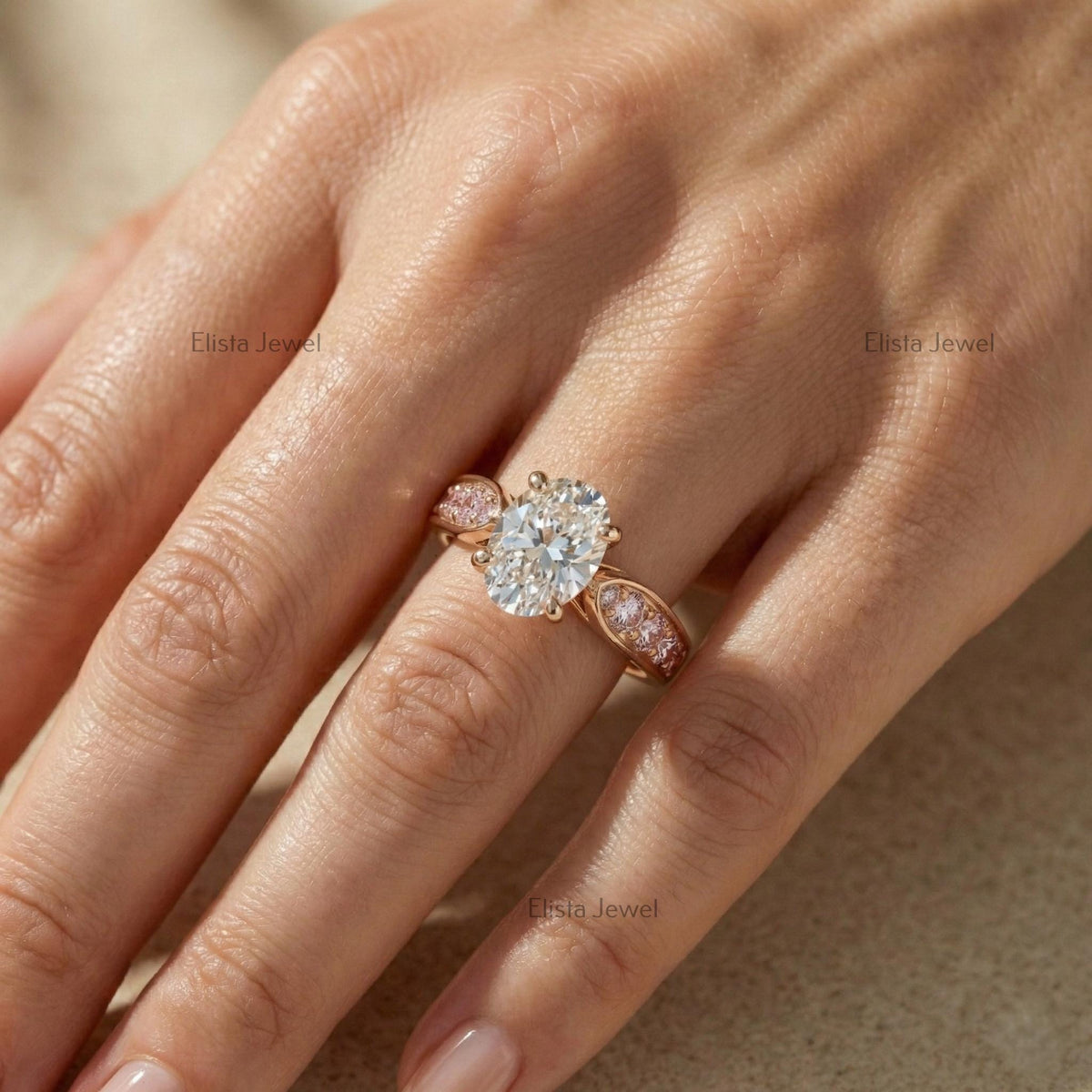 Oval Lab Grown Diamond Engagement Ring, Rose Gold, Pink Side Stones, IGI Certified