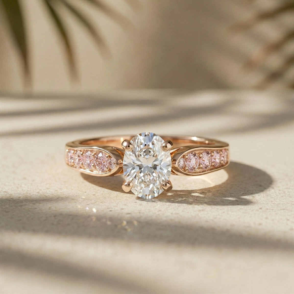 Oval Lab Grown Diamond Engagement Ring, Rose Gold, Pink Side Stones, IGI Certified