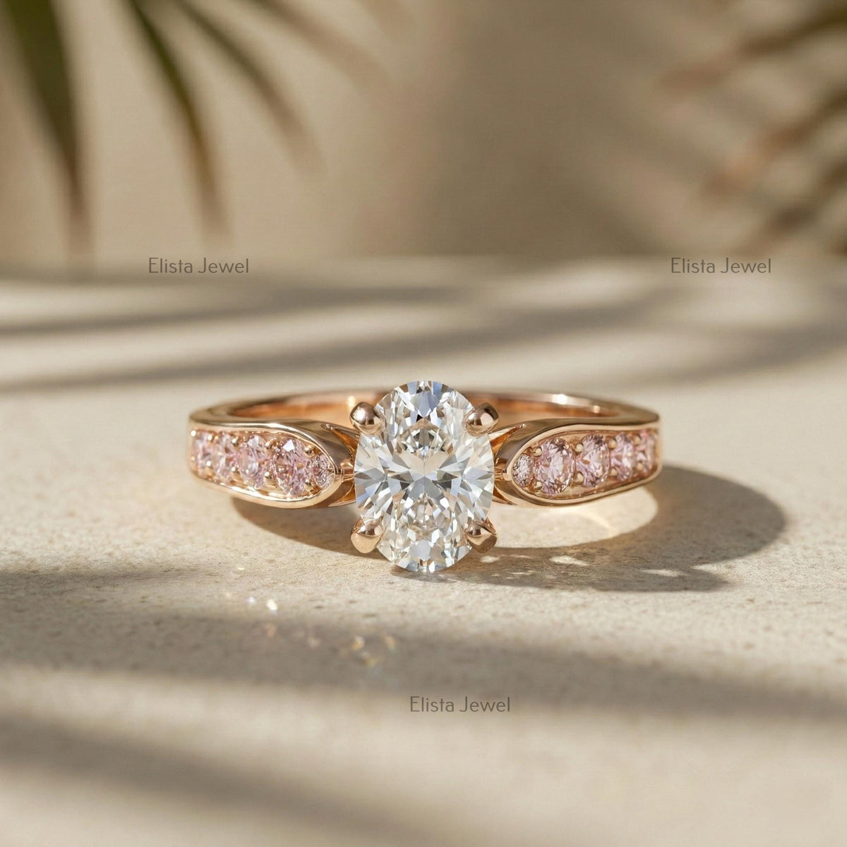 Oval Lab Grown Diamond Engagement Ring, Rose Gold, Pink Side Stones, IGI Certified