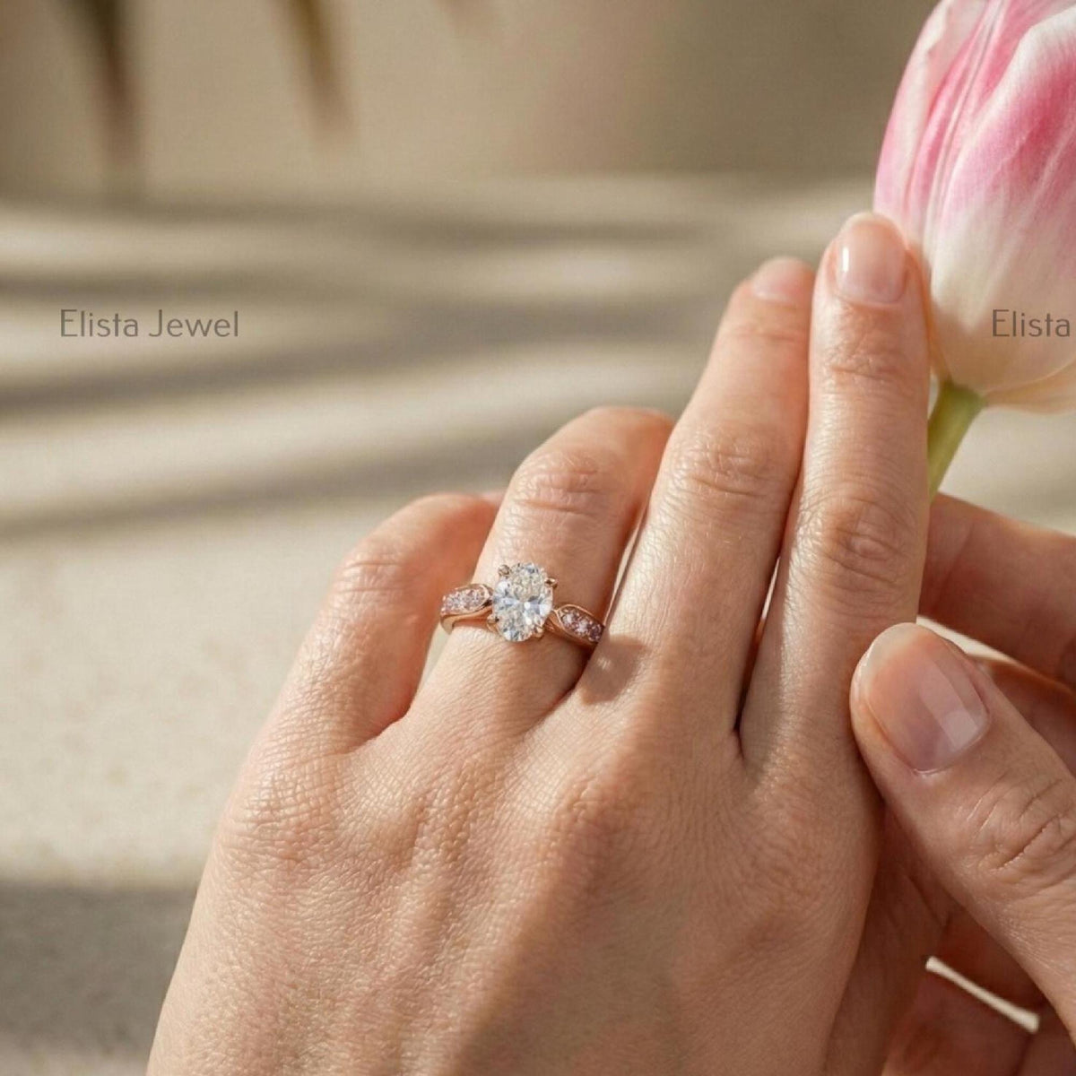 Oval Lab Grown Diamond Engagement Ring, Rose Gold, Pink Side Stones, IGI Certified