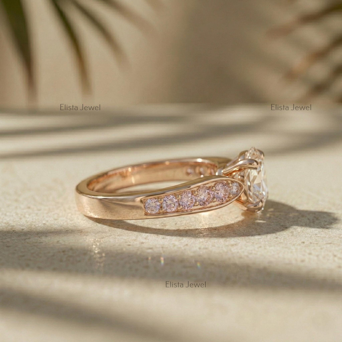 Oval Lab Grown Diamond Engagement Ring, Rose Gold, Pink Side Stones, IGI Certified