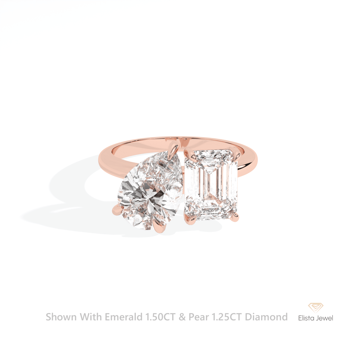 Pear And Emerald Cut Toi Et Moi Lab Grown Diamond Ring in 18K Rose Gold - Ring on Hand View