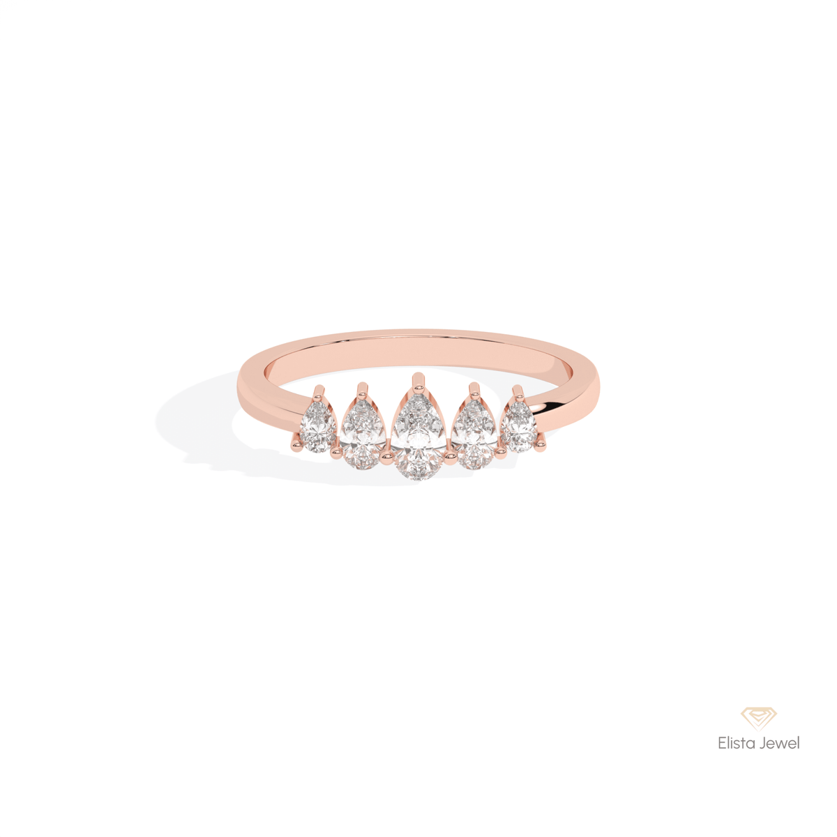 Pear Cut Five Stone Wedding Lab Grown Diamond Band in 18K Rose Gold - Ring on Hand View