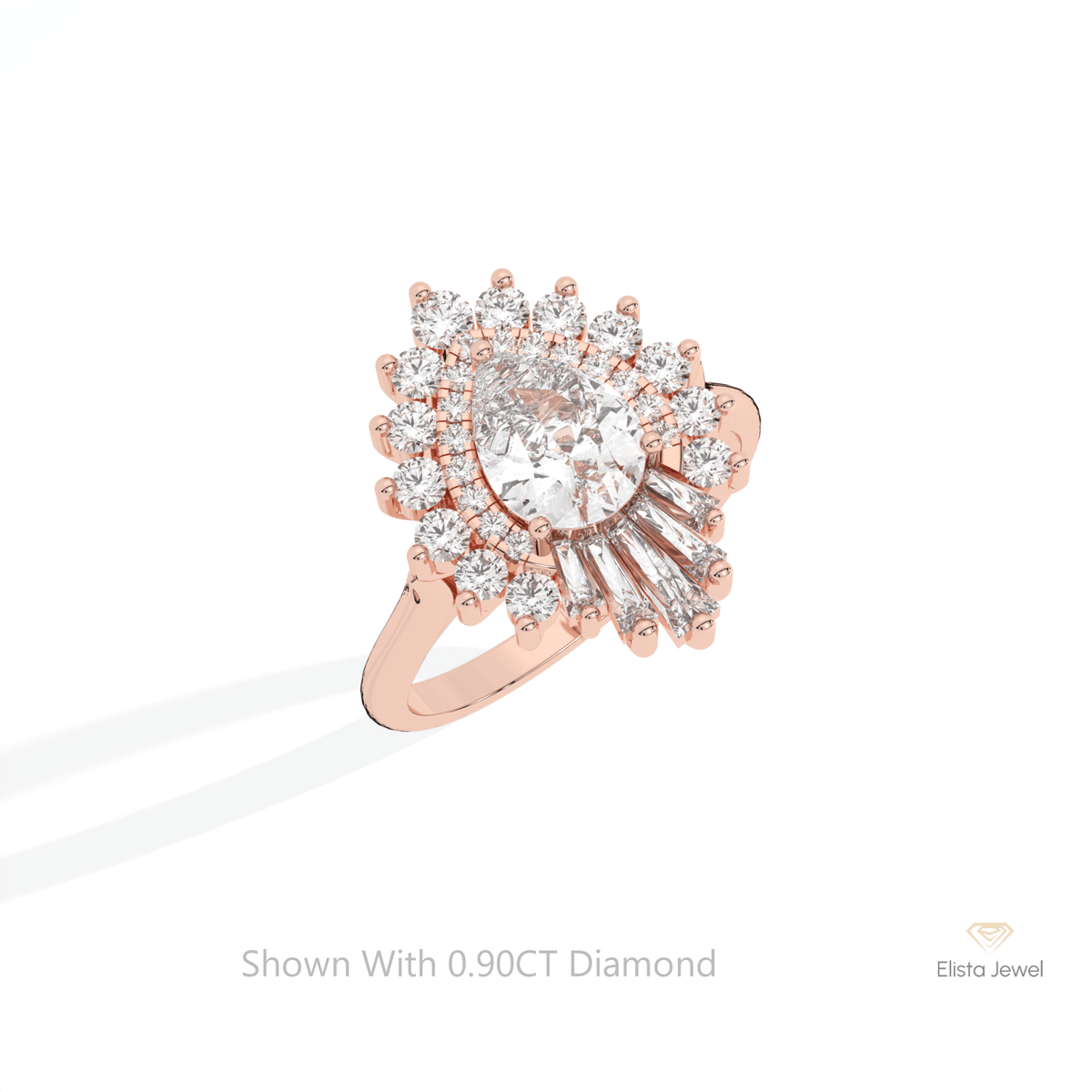 Pear Cut Halo Art Deco Lab Grown Diamond Ring in 14K Rose Gold - Profile View