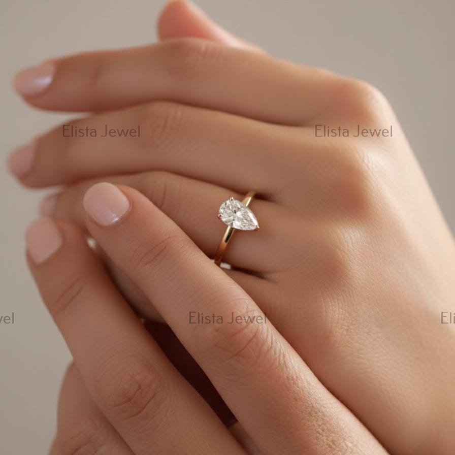 Pear Cut Lab-Grown Diamond Solitaire Engagement Ring, Two-Tone Gold Modern Minimalist Ring For Women