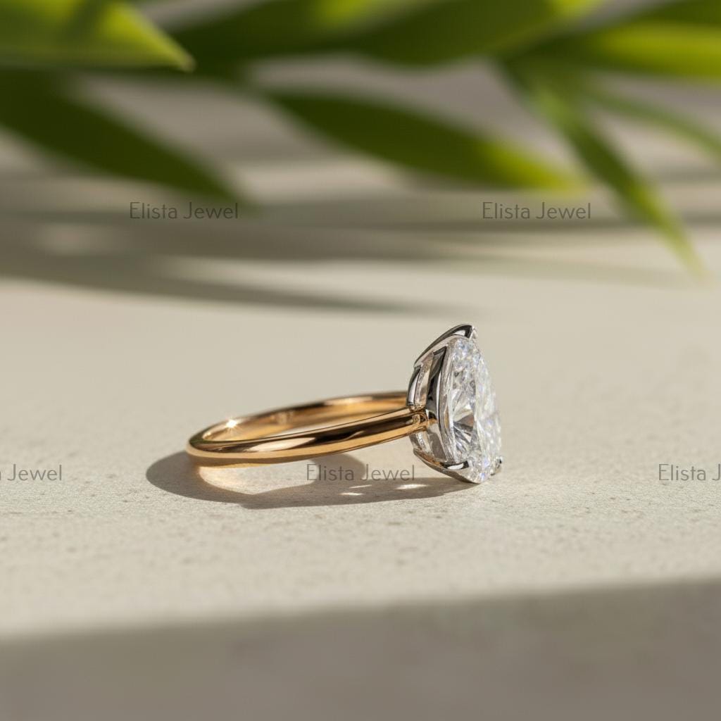 Pear Cut Lab-Grown Diamond Solitaire Engagement Ring, Two-Tone Gold Modern Minimalist Ring For Women