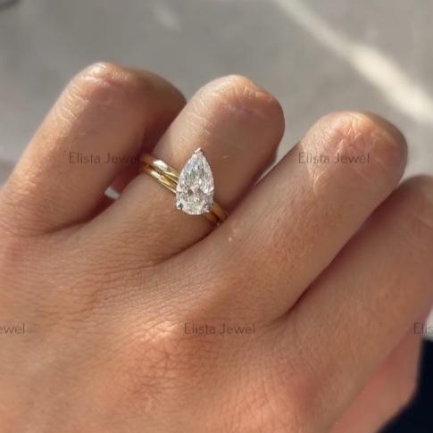 Pear Cut Lab-Grown Diamond Solitaire Engagement Ring, Two-Tone Gold Modern Minimalist Ring For Women