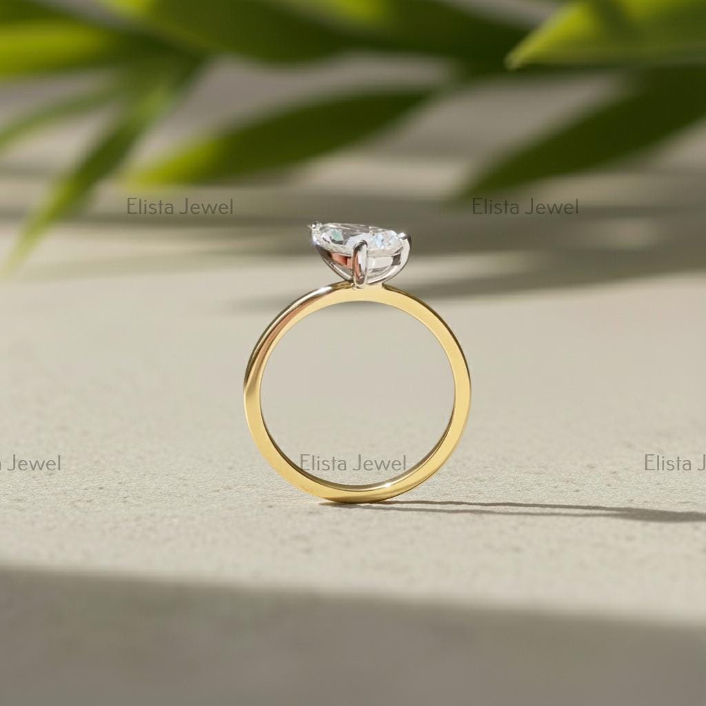 Pear Cut Lab-Grown Diamond Solitaire Engagement Ring, Two-Tone Gold Modern Minimalist Ring For Women