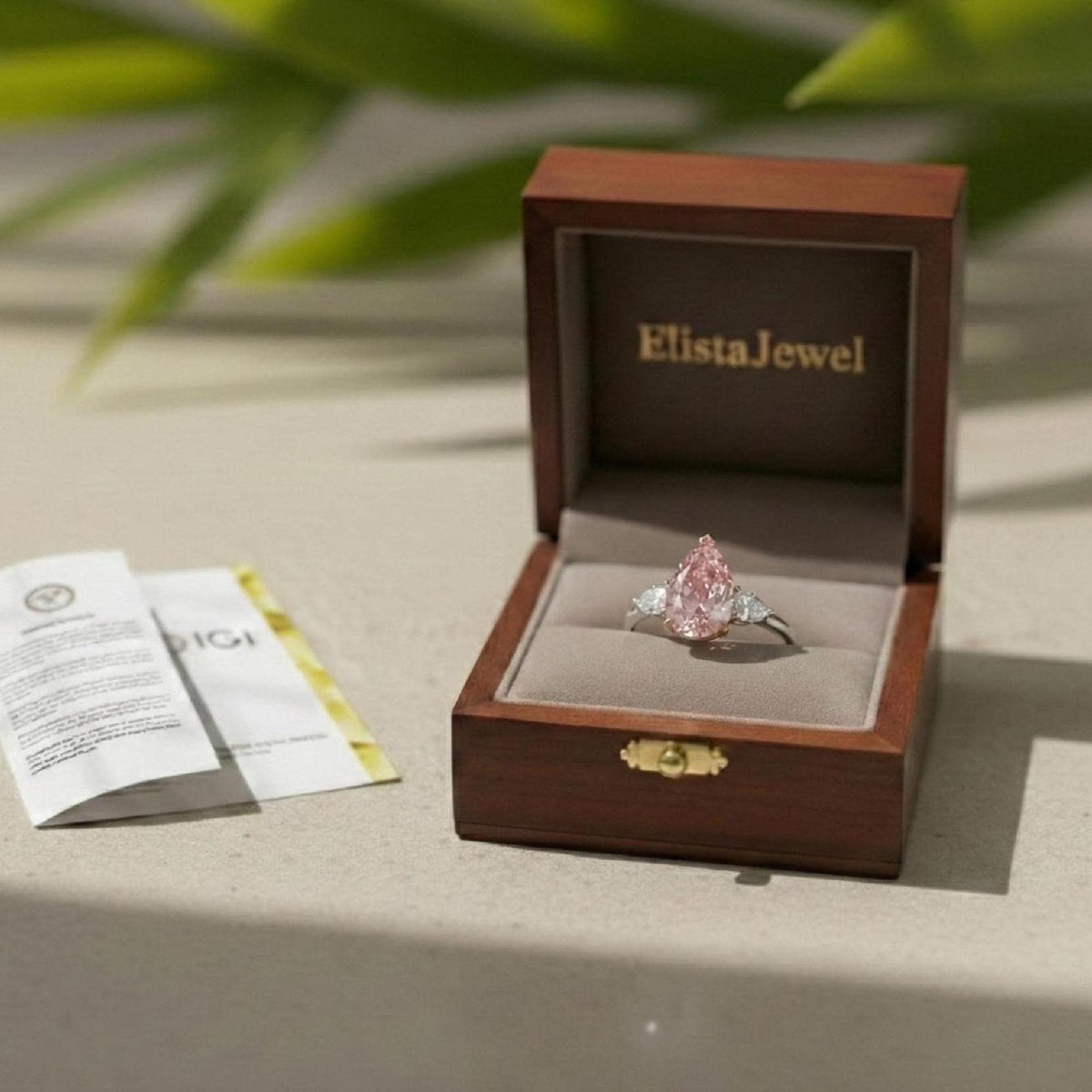 Pear Diamond Ring Pink Lab-Grown Three Stone Engagement Two-Tone Metal Finish