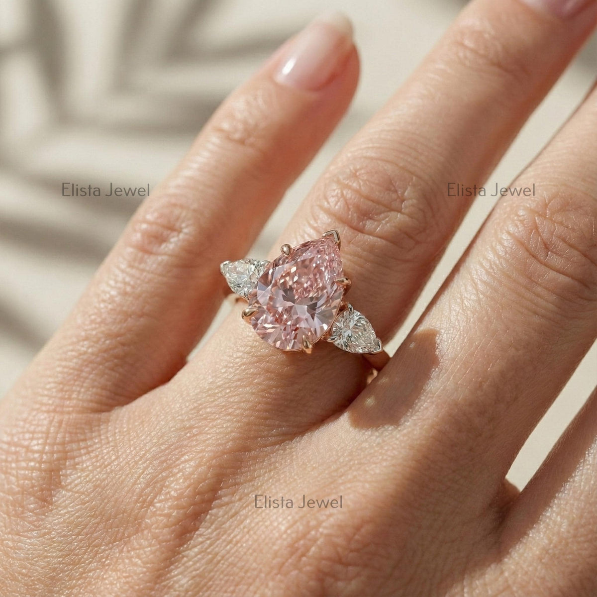 Pear Diamond Ring Pink Lab-Grown Three Stone Engagement Two-Tone Metal Finish