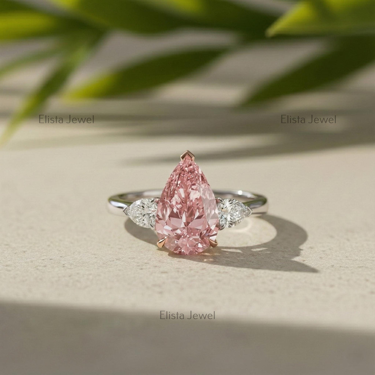 Pear Diamond Ring Pink Lab-Grown Three Stone Engagement Two-Tone Metal Finish