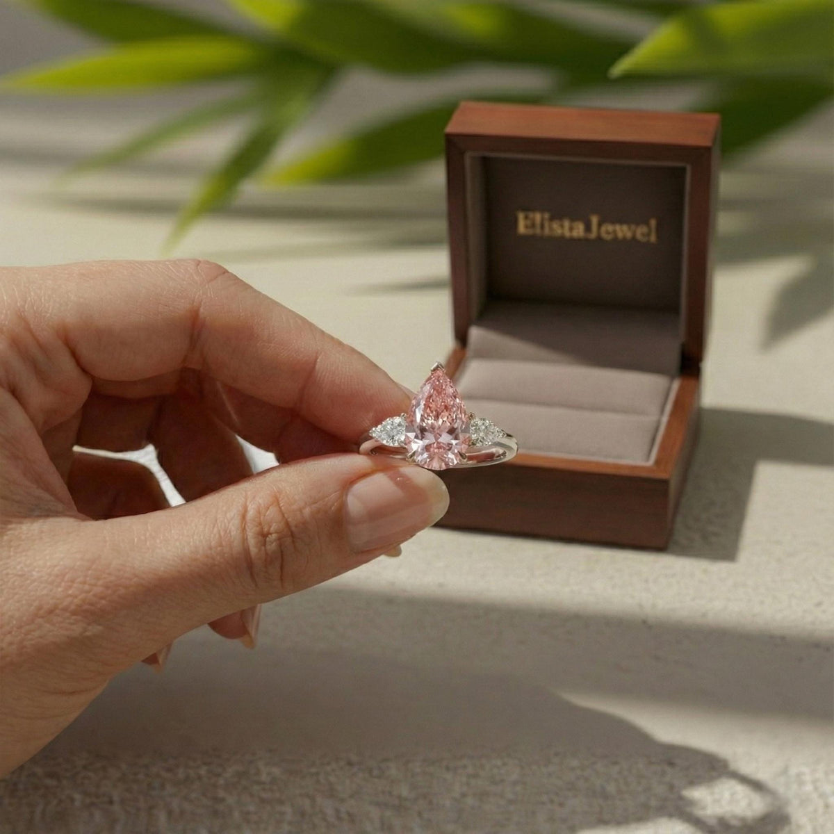 Pear Diamond Ring Pink Lab-Grown Three Stone Engagement Two-Tone Metal Finish
