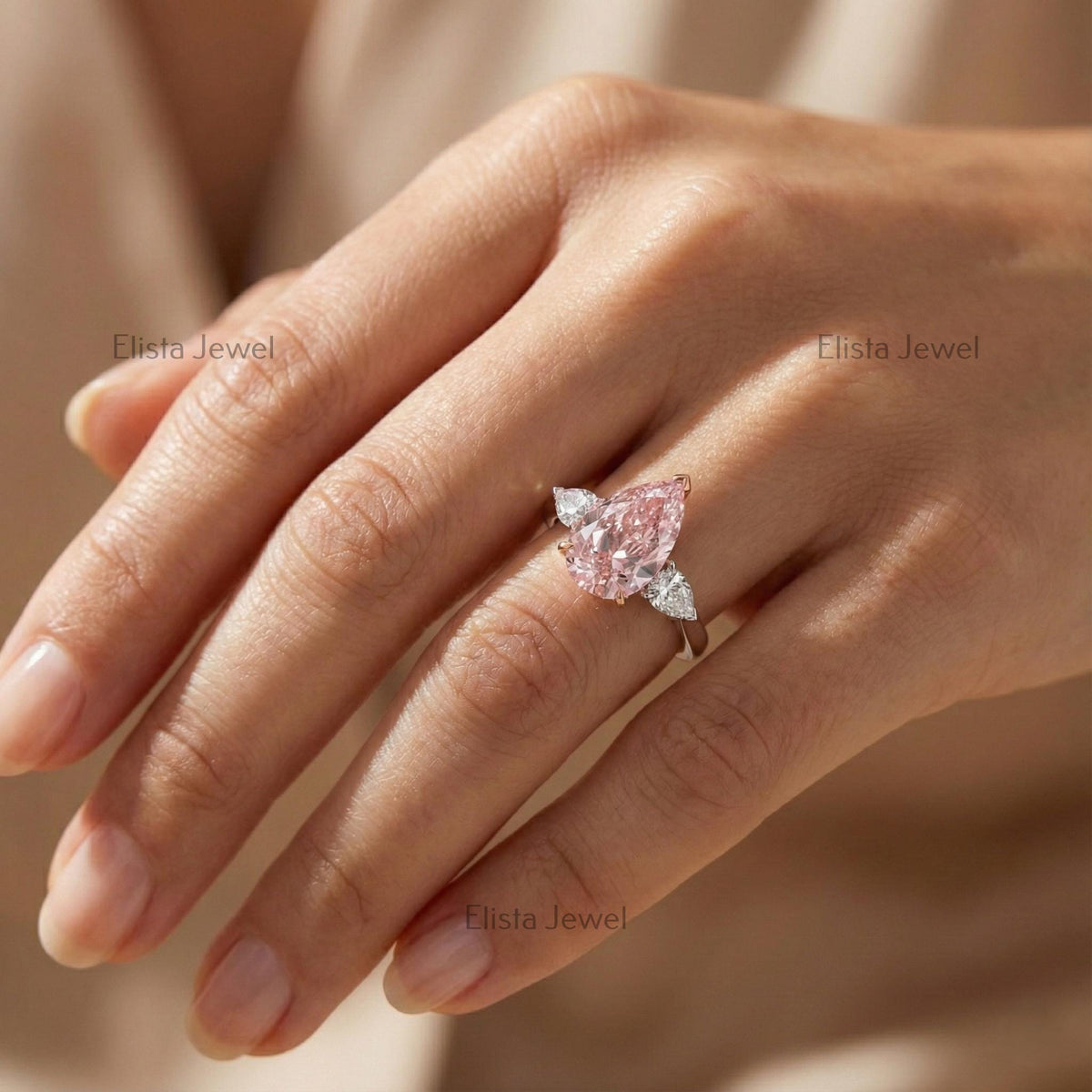 Pear Diamond Ring Pink Lab-Grown Three Stone Engagement Two-Tone Metal Finish