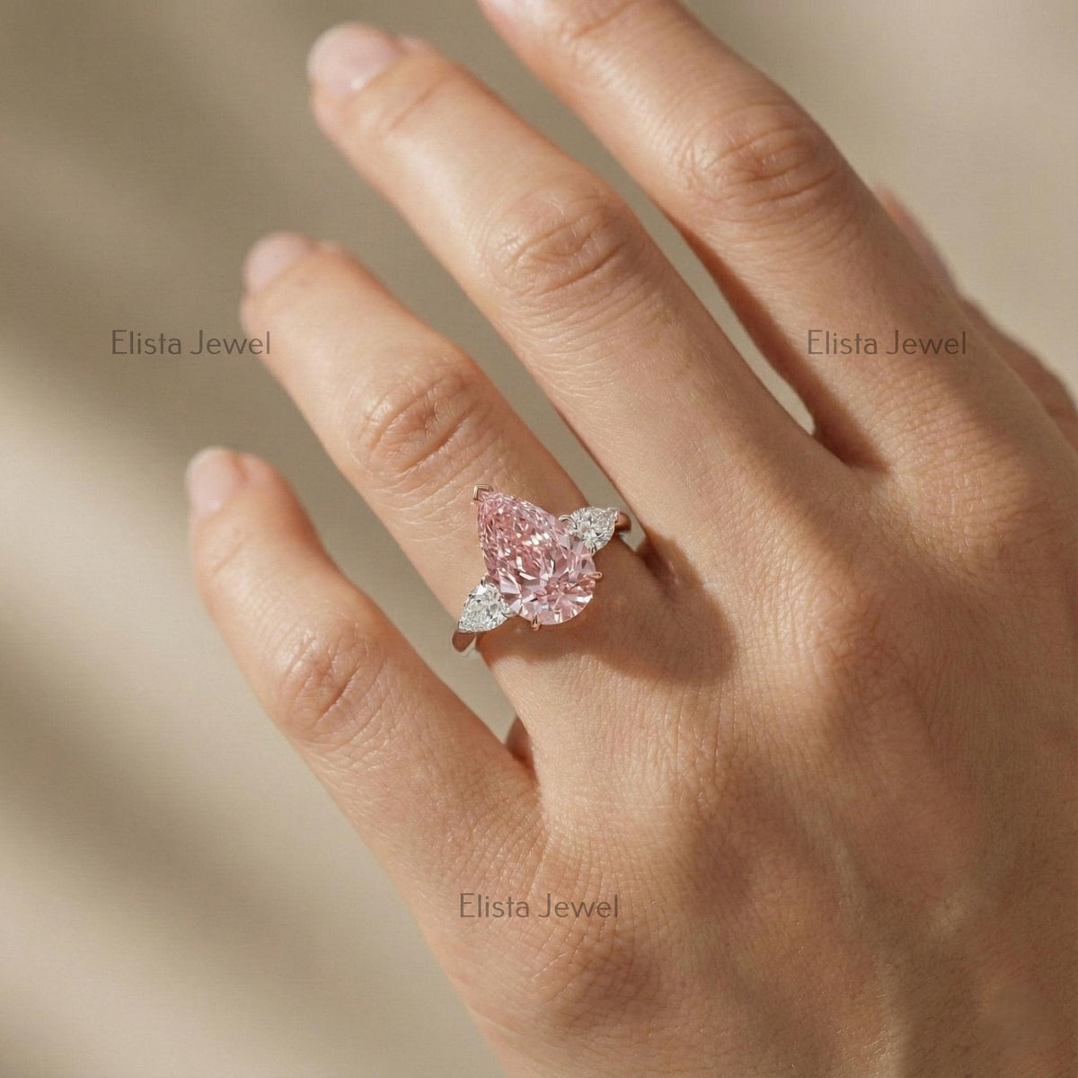 Pear Diamond Ring Pink Lab-Grown Three Stone Engagement Two-Tone Metal Finish