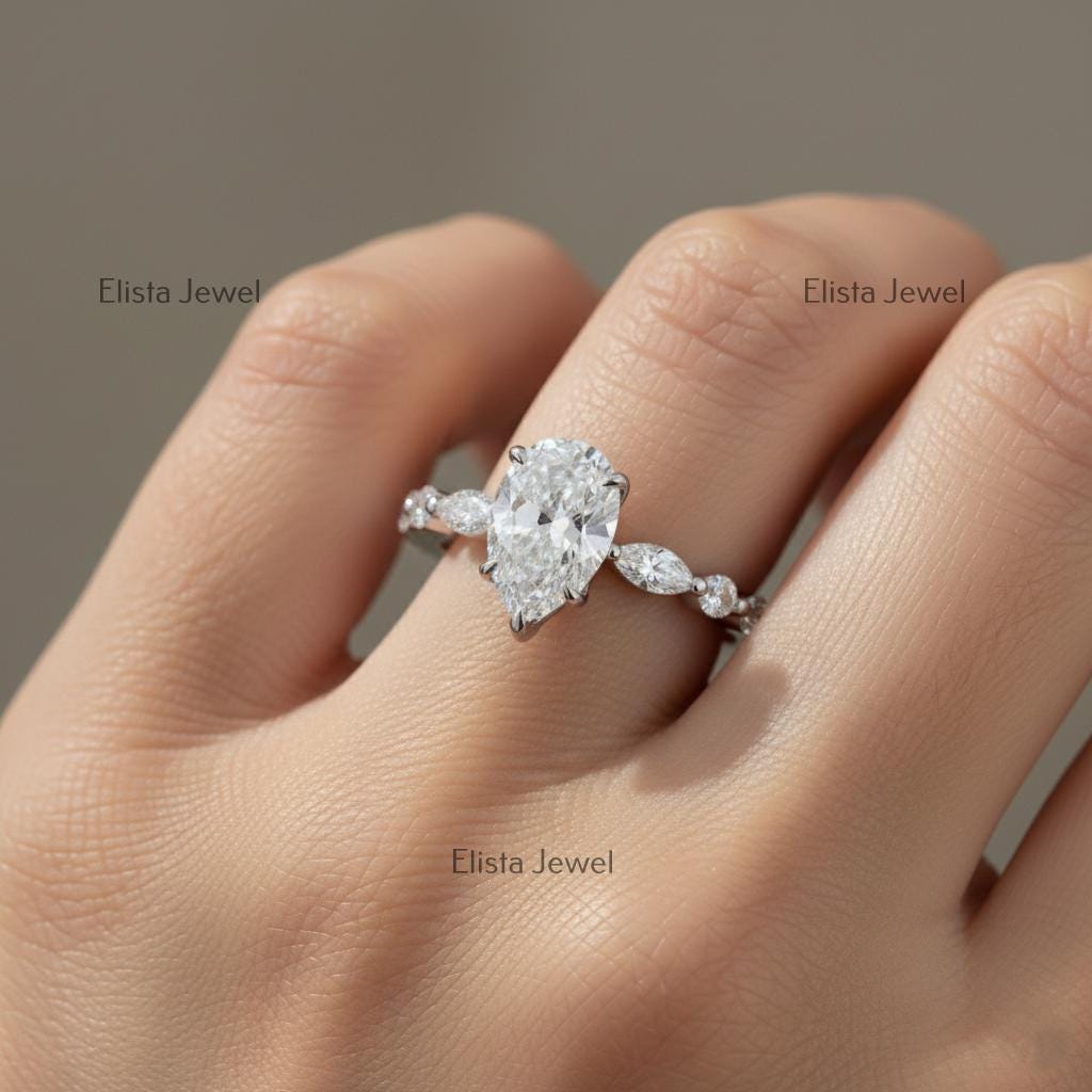 Pear Lab-Grown Diamond Engagement Ring, Marquise & Round Accents, 10K White Gold