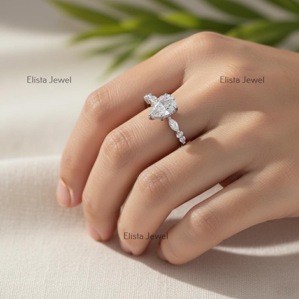 Pear Lab-Grown Diamond Engagement Ring, Marquise & Round Accents, 10K White Gold