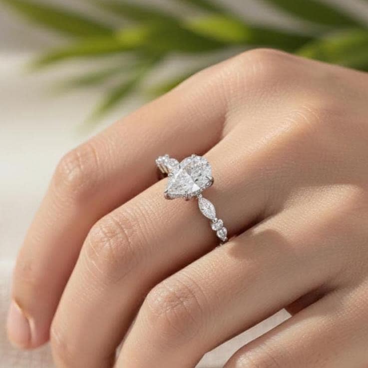 Pear Lab-Grown Diamond Engagement Ring, Marquise & Round Accents, 10K White Gold