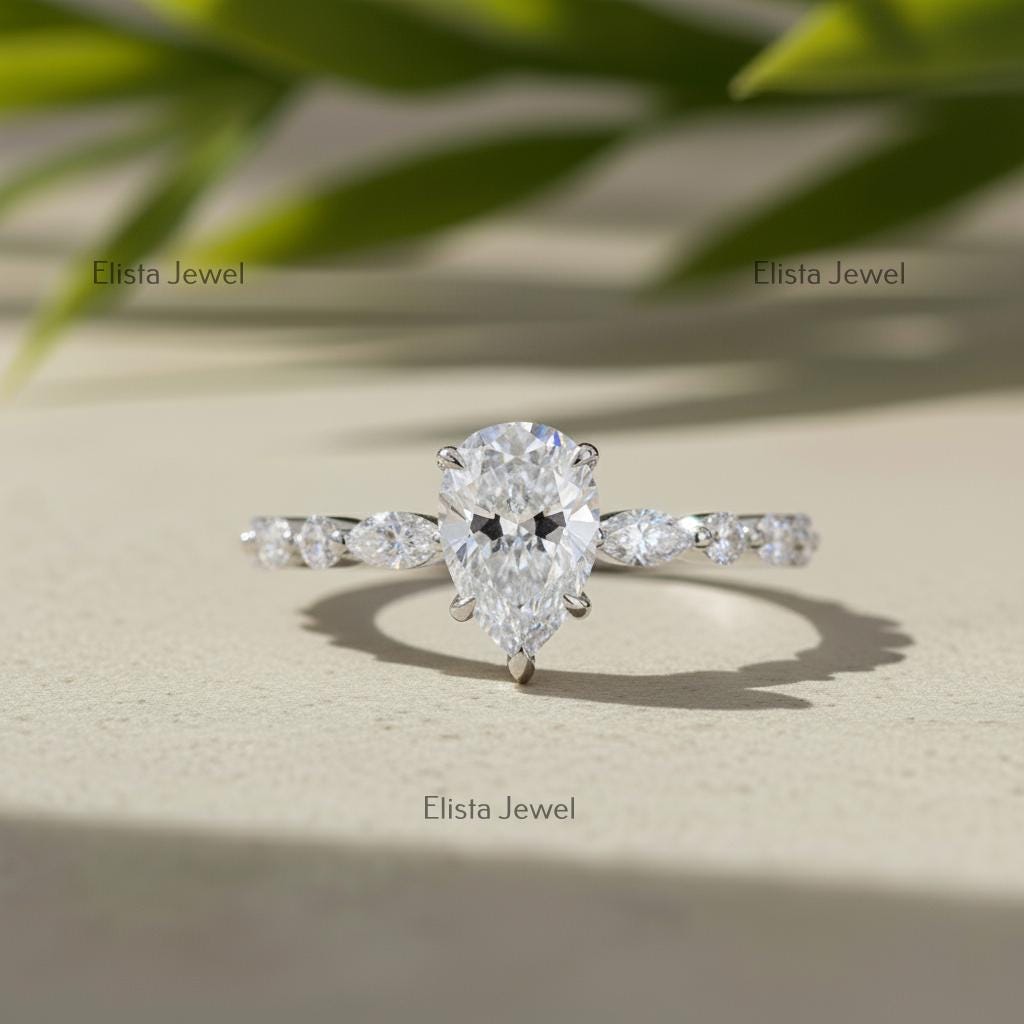 Pear Lab-Grown Diamond Engagement Ring, Marquise & Round Accents, 10K White Gold