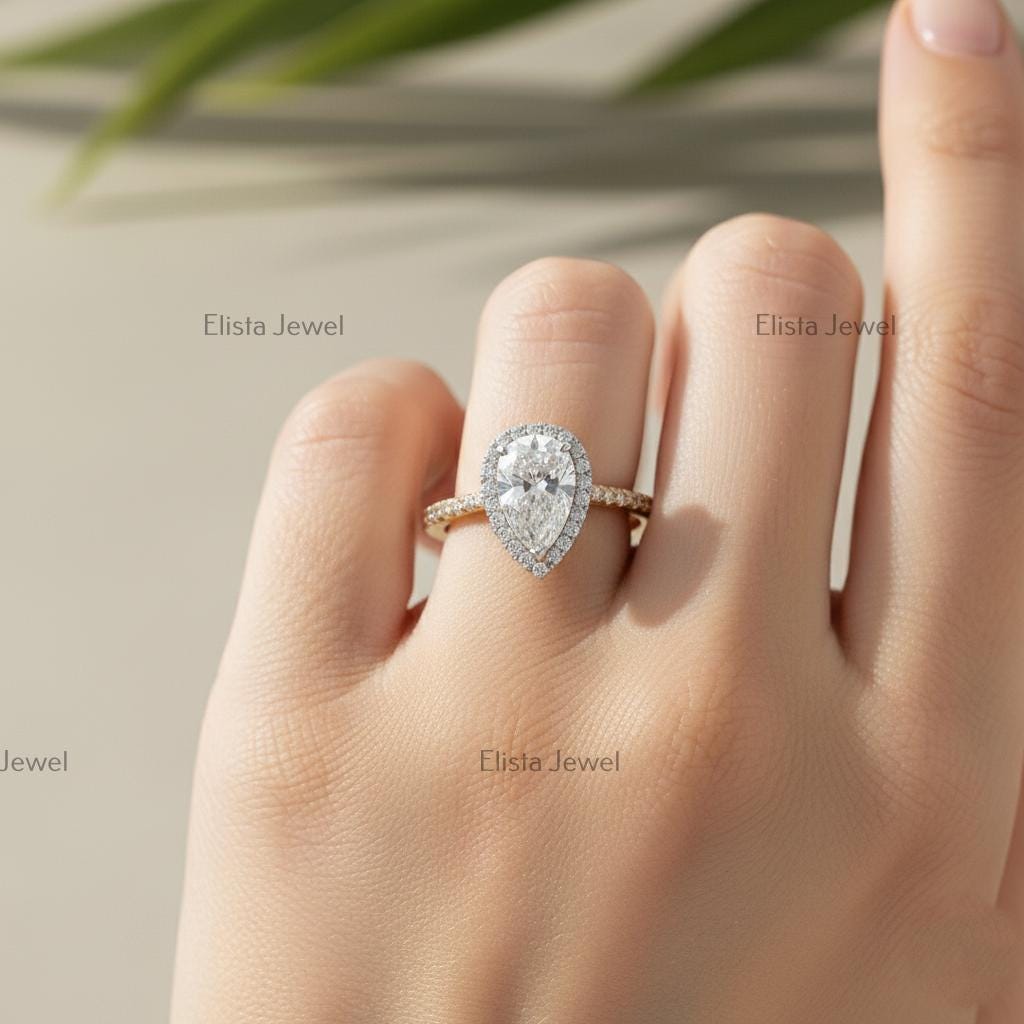 Pear Lab-Grown Diamond Halo Engagement Ring Set, 18K Yellow Gold Chevron Band