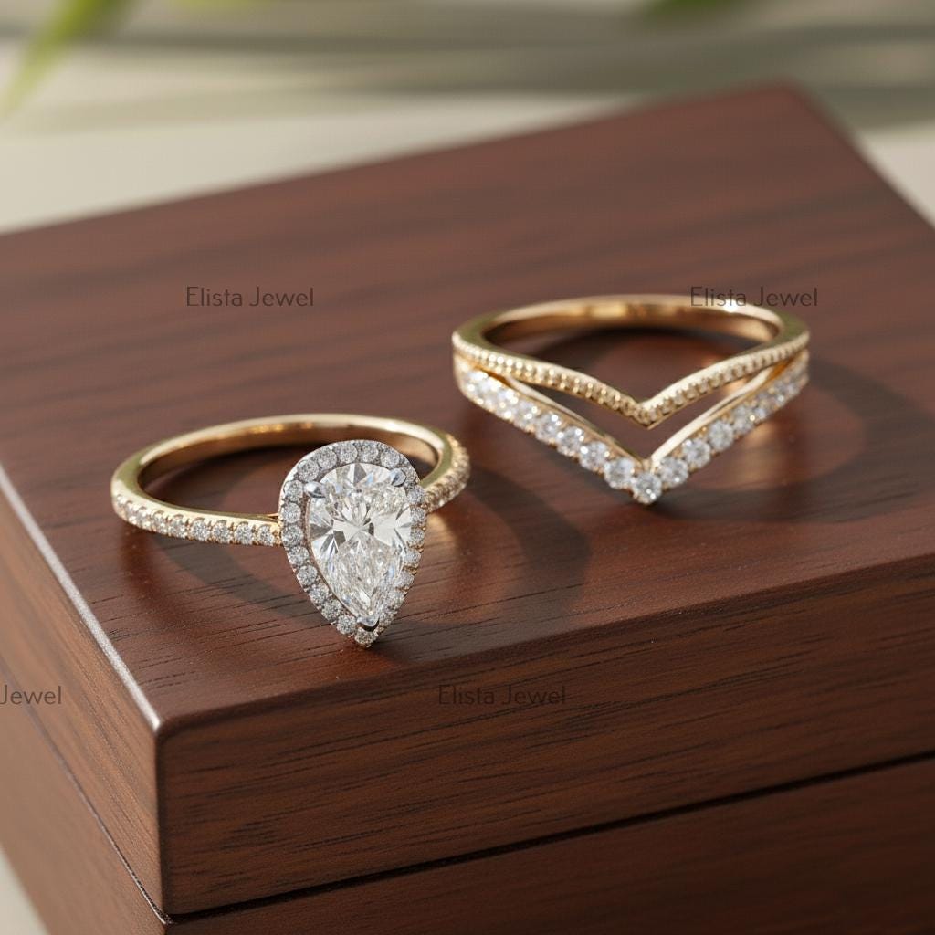 Pear Lab-Grown Diamond Halo Engagement Ring Set, 18K Yellow Gold Chevron Band