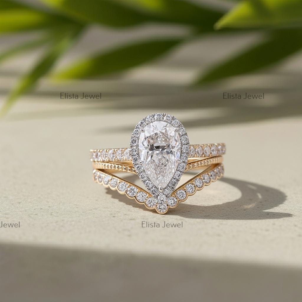 Pear Lab-Grown Diamond Halo Engagement Ring Set, 18K Yellow Gold Chevron Band