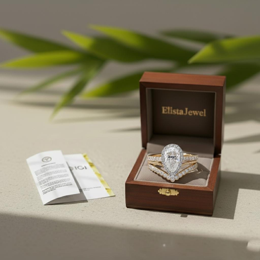 Pear Lab-Grown Diamond Halo Engagement Ring Set, 18K Yellow Gold Chevron Band