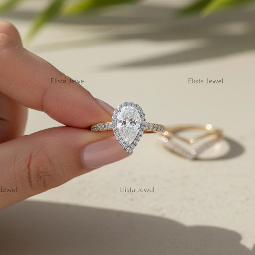 Pear Lab-Grown Diamond Halo Engagement Ring Set, 18K Yellow Gold Chevron Band