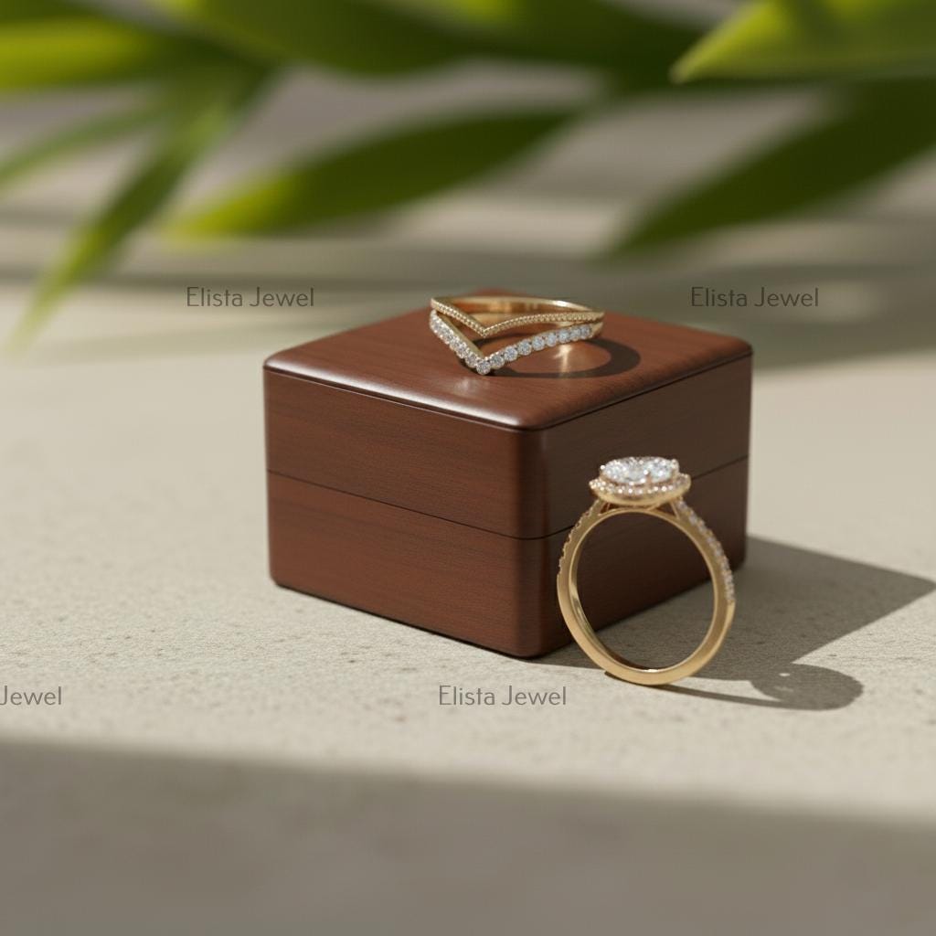 Pear Lab-Grown Diamond Halo Engagement Ring Set, 18K Yellow Gold Chevron Band
